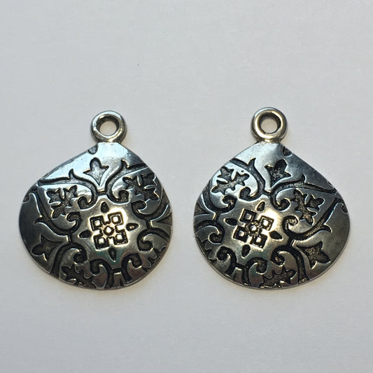Antique Silver Plated Printed Offset Teardrop Earring Component or Pendants, 27 x 22 mm - 2 Pieces