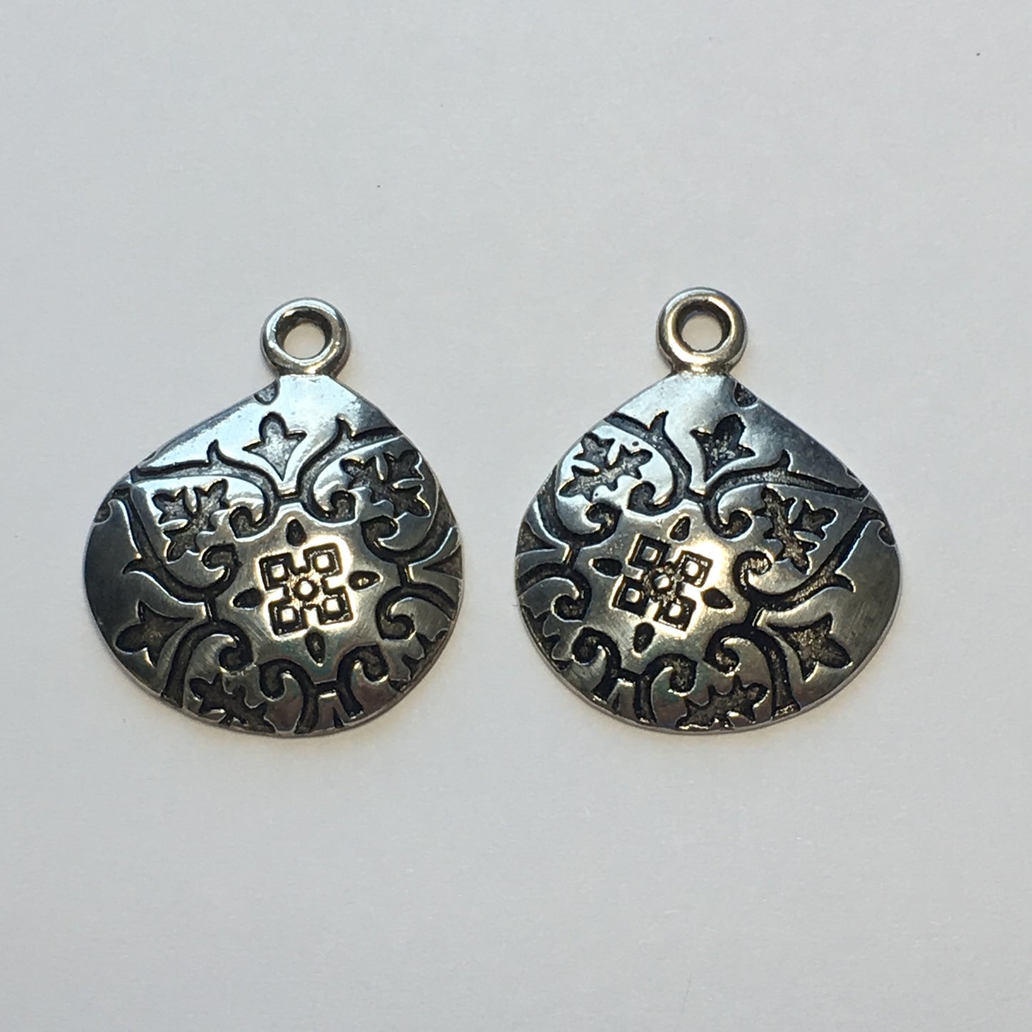 Antique Silver Plated Printed Offset Teardrop Earring Component or Pendants, 27 x 22 mm - 2 Pieces