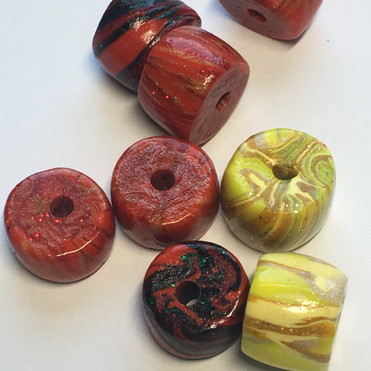 Yellow, Red, Black Polymer Clay Beads, 6.5-9 x 10-11 mm, 8 Beads