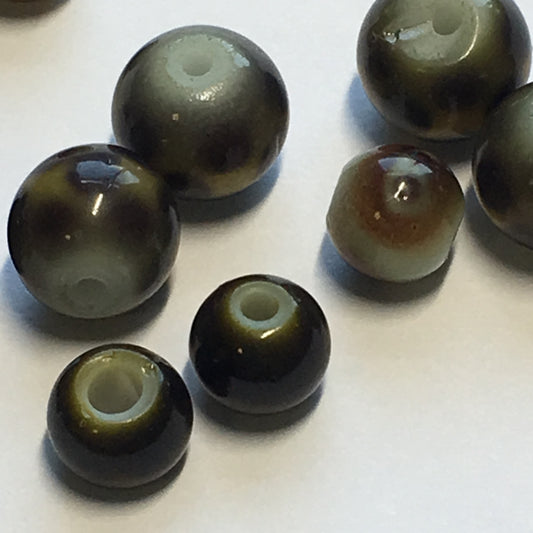 Gold with Black Spots Painted Glass Round Beads, 6 and 8 mm, 12 Beads