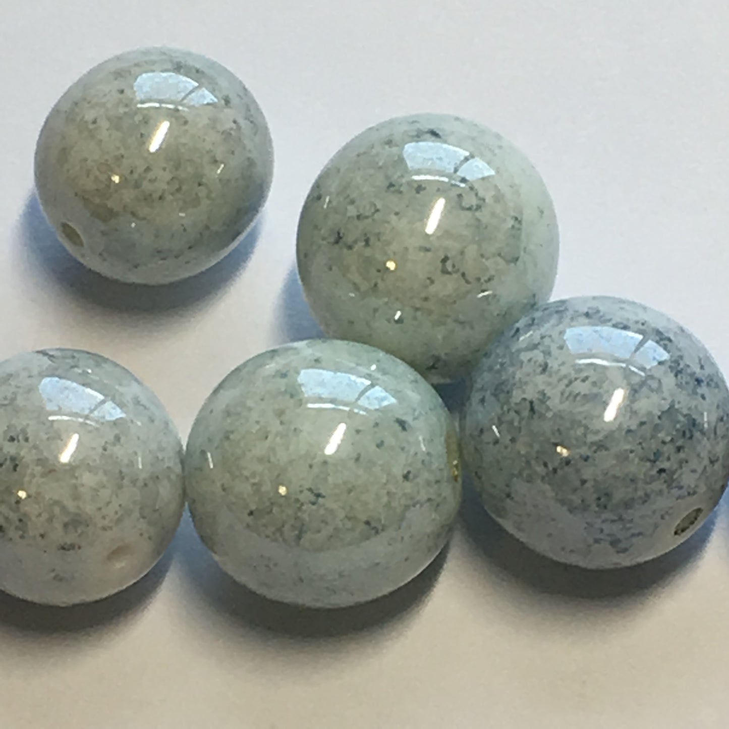 White Glass Round Beads with Blue Speckles, 10 and 11 mm, 7 Beads