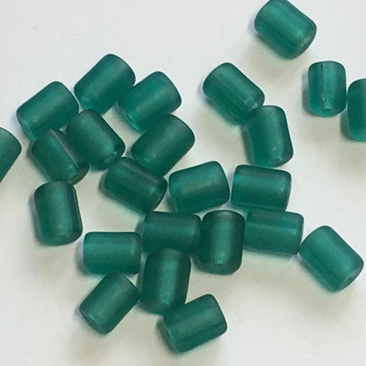 Frosted Teal Green Glass Roller Beads, 5 x 4 mm, 28 Beads