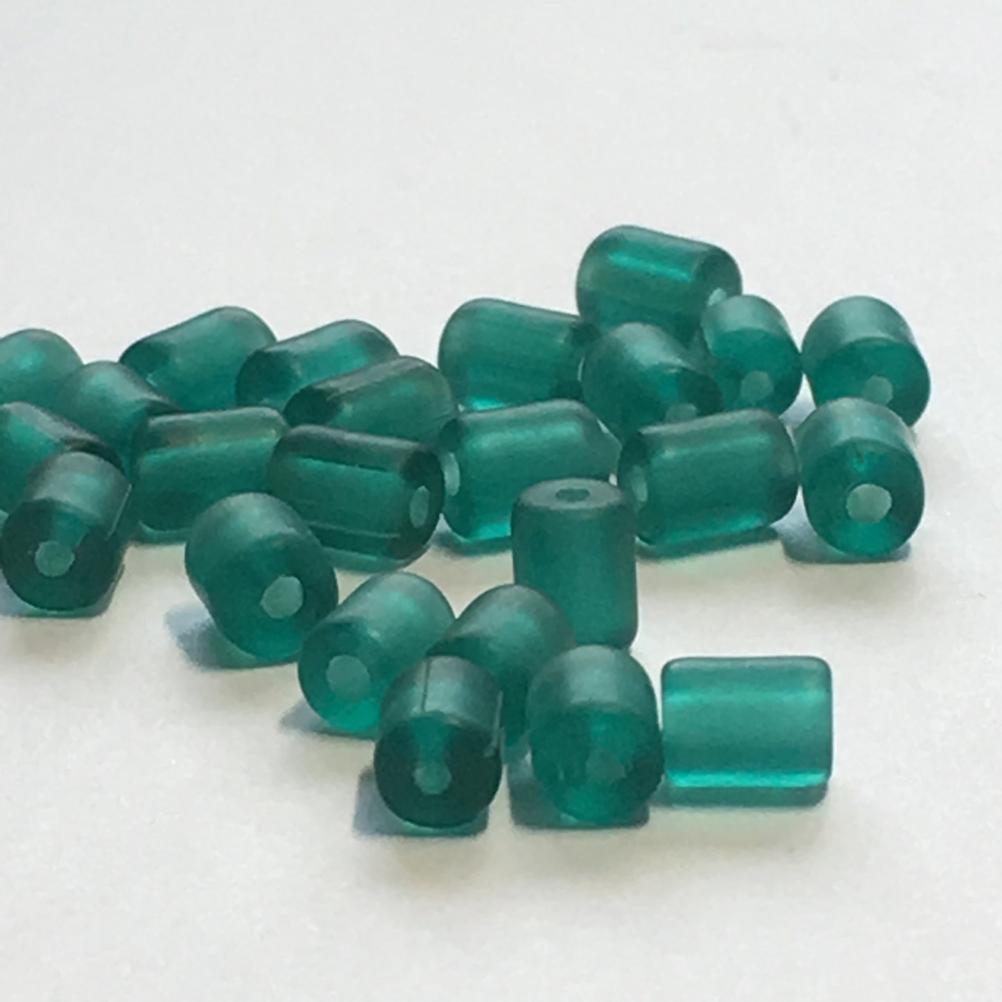 Frosted Teal Green Glass Roller Beads, 5 x 4 mm, 28 Beads