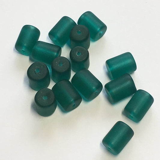 Frosted Teal Green Glass Roller Beads, 8 x 6 mm, 15 Beads