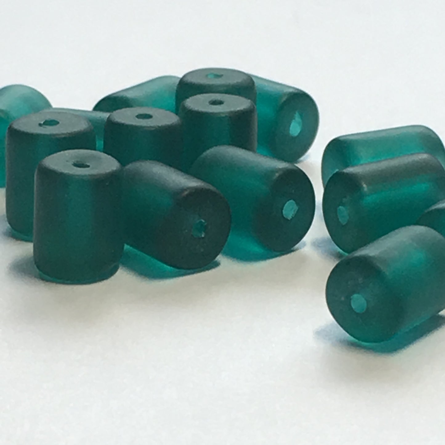 Frosted Teal Green Glass Roller Beads, 8 x 6 mm, 15 Beads
