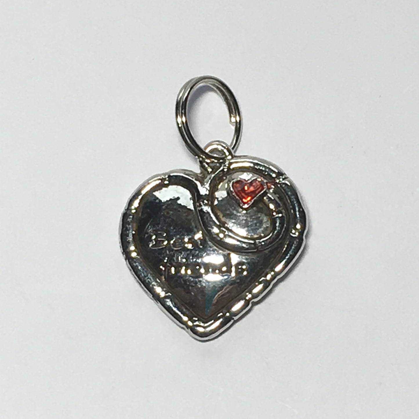 Silver Best Friends Heart Charm with Red Rhinestone Heart, 20 x 20 x 4.5 mm
