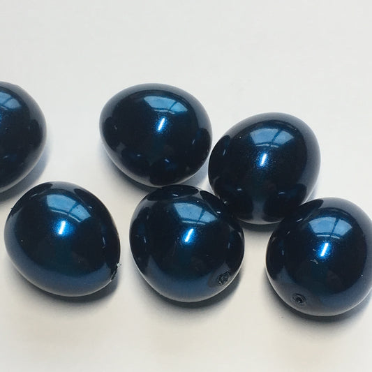 Dark Blue Pearl Glass Egg Beads, 7 x 14 mm - 6 Beads