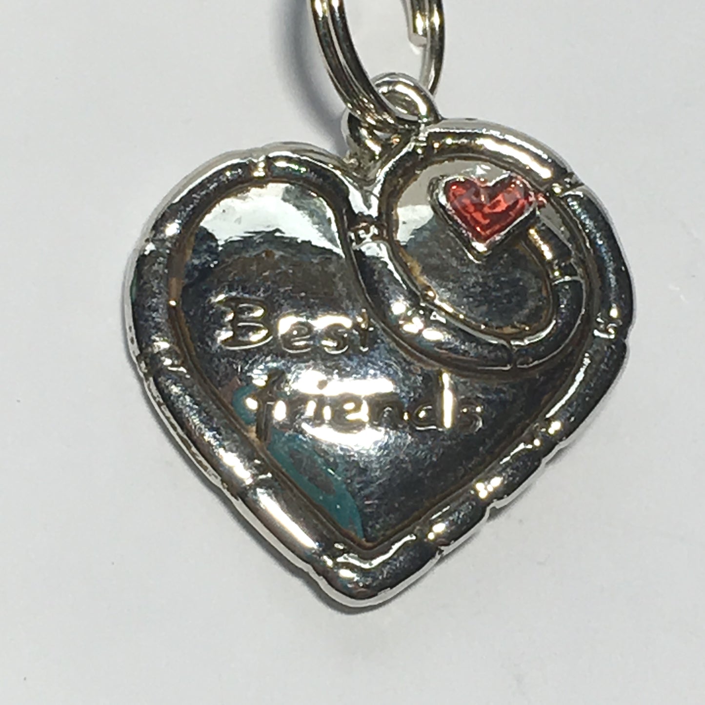 Silver Best Friends Heart Charm with Red Rhinestone Heart, 20 x 20 x 4.5 mm