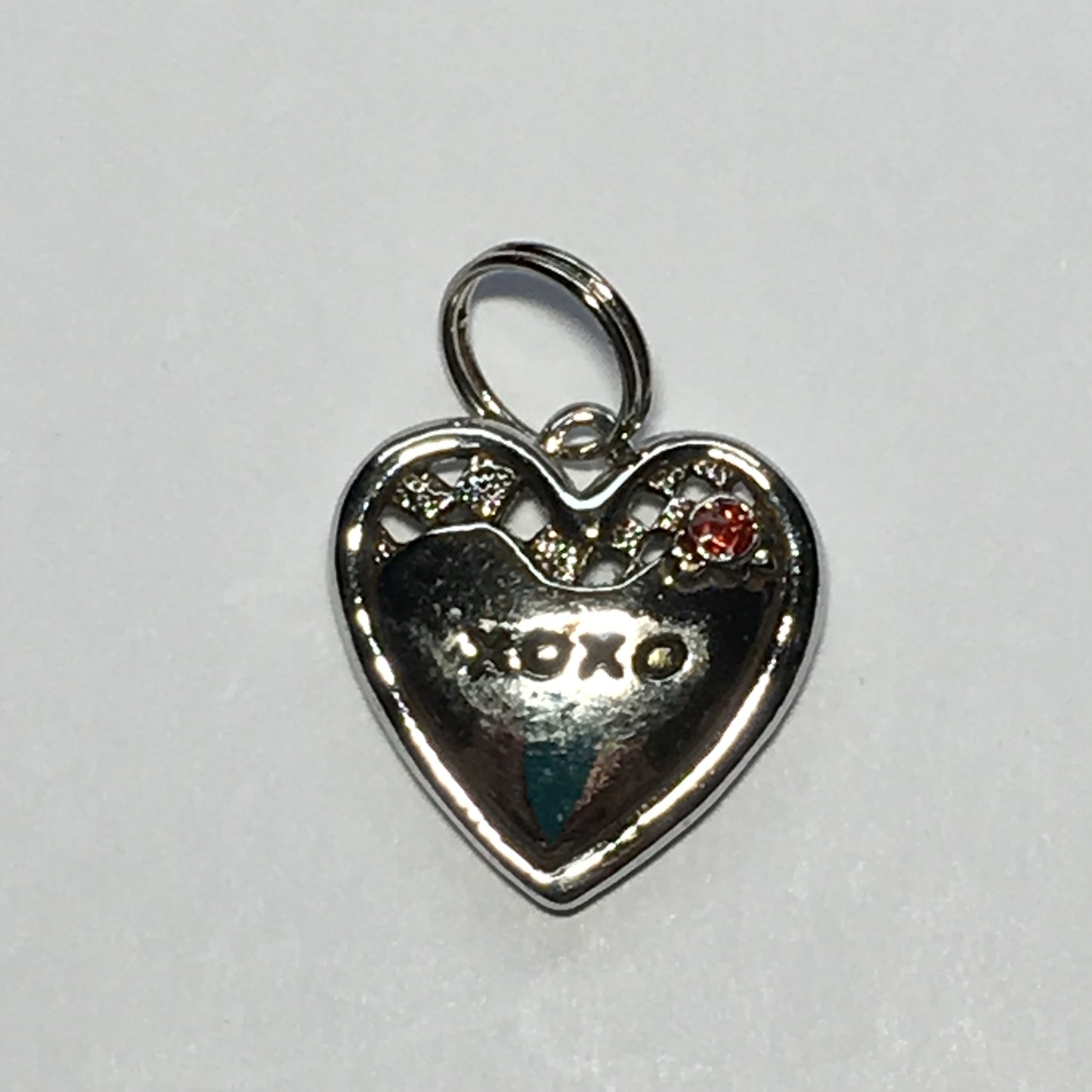 Antique Silver XOXO Heart Charm with Red Rhinestone Flower, 20 x 20 x 4.5 mm