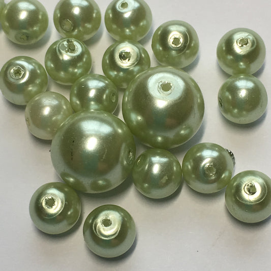 Light Green Pearl Round Glass Beads, 6  and 10 mm, 22 Beads