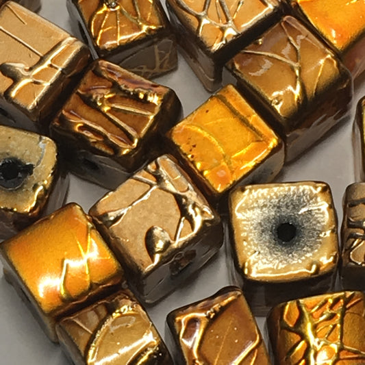Gold/Orange Drizzled Painted Glass Cube / Square Beads, 6 x 7 mm - 20 Beads