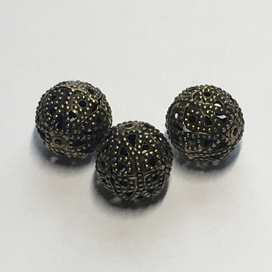 Antique Brass Filigree Round Beads, 14 mm - 3 Beads