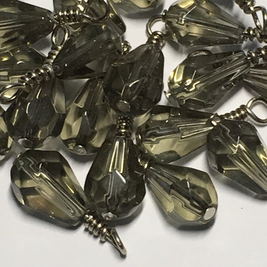 Transparent Gray Briolette Glass Beads, 20 x 11 mm, With Wire Wrapped Head Pins, 22 Beads