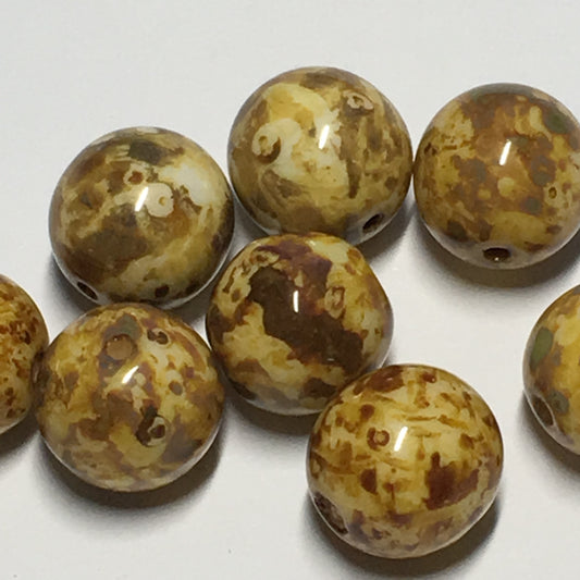 Gold Brown Sponged Round Glass Beads, 10 mm, 8 Beads