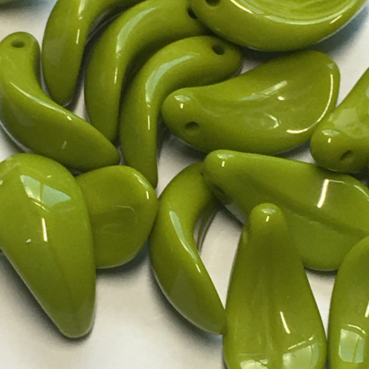 Olive Green Curved Petal Glass Beads,  7 x 13 mm, 10 or 20 Beads