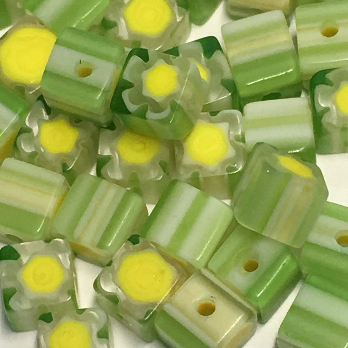 Green and Yellow Millefiori Glass Cube / Square Beads, 4 mm, 20 or 25 Beads