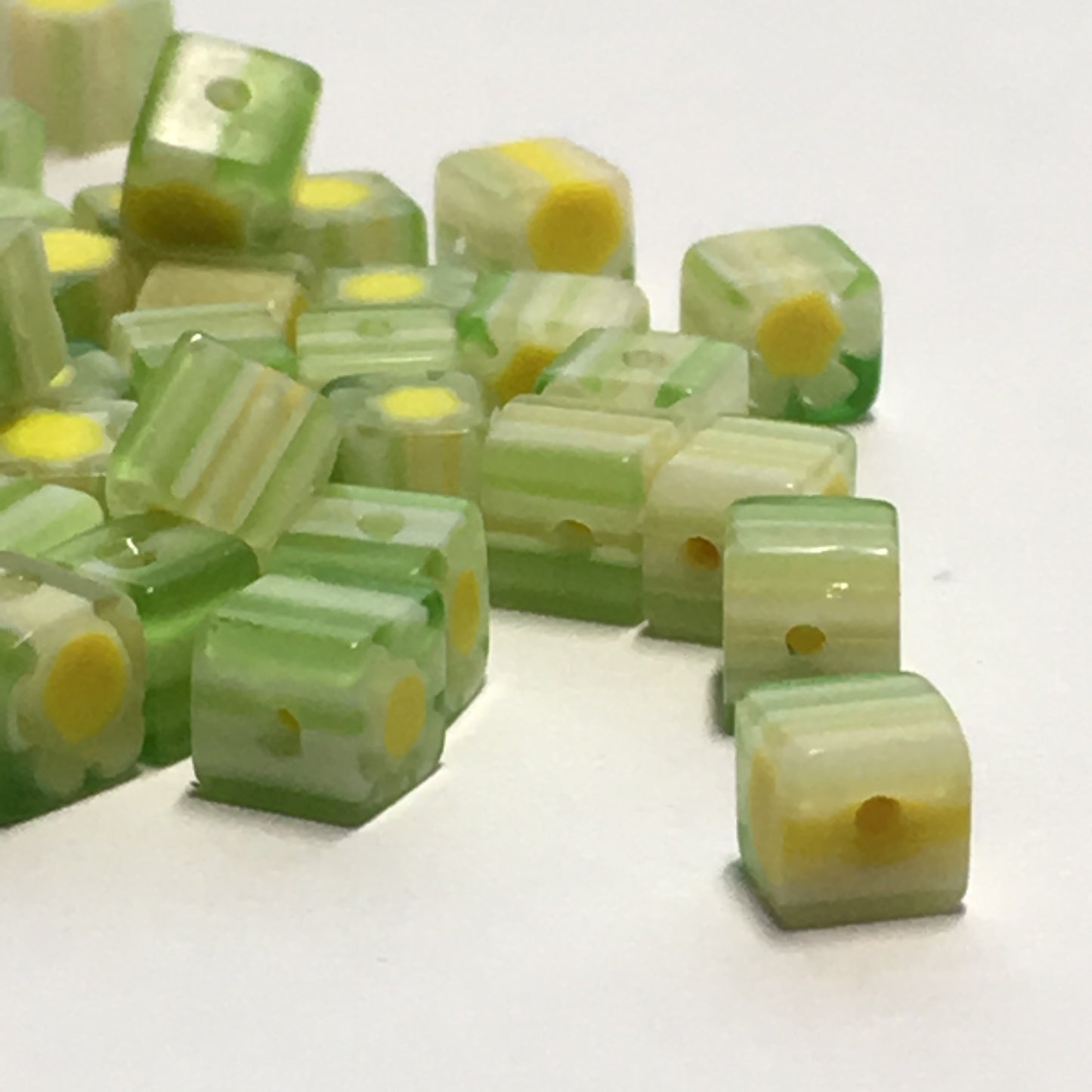 Green and Yellow Millefiori Glass Cube / Square Beads, 4 mm, 20 or 25 Beads
