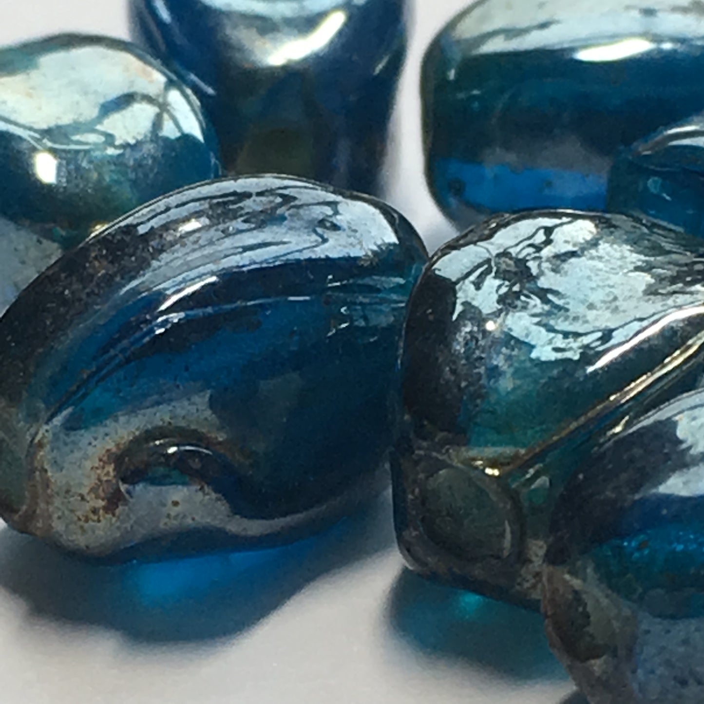 Iridescent Blue Pinched Barrel Lampwork Glass Beads, 12 x 8 mm - 8 Beads