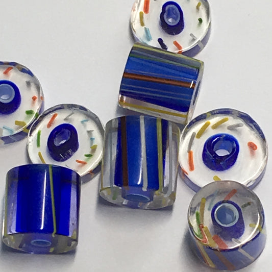 Blue / Clear Cane Glass Saucer and Barrel Beads, 11 x 3 and 10 x 10 mm - 8 Beads