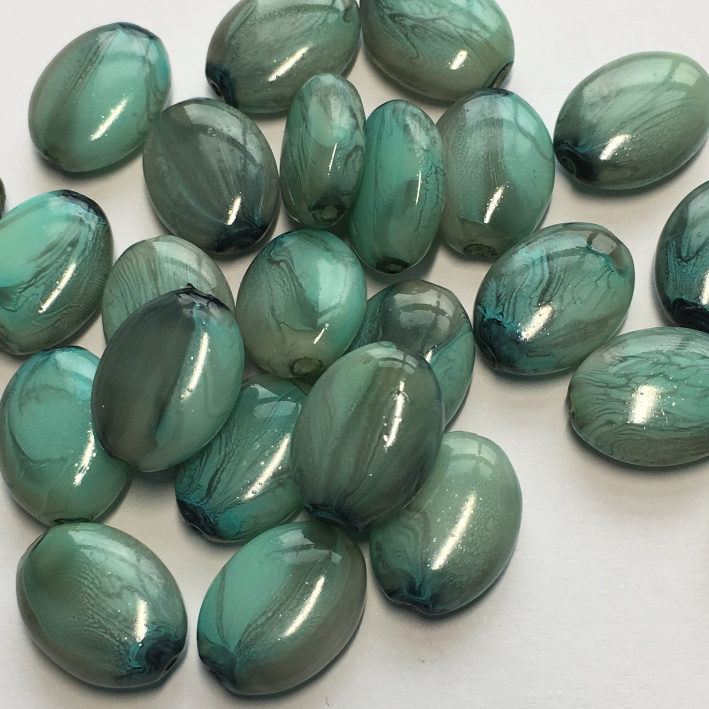 Turquoise with Gray Swirl Glass Flat Oval Beads, 12 x 9 x 4 mm, 26 Beads