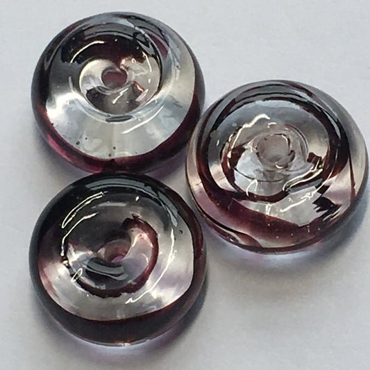 Clear Glass with Dark Purple Swirl Saucer Lampwork Beads , 14 x 7 mm - 3 Beads