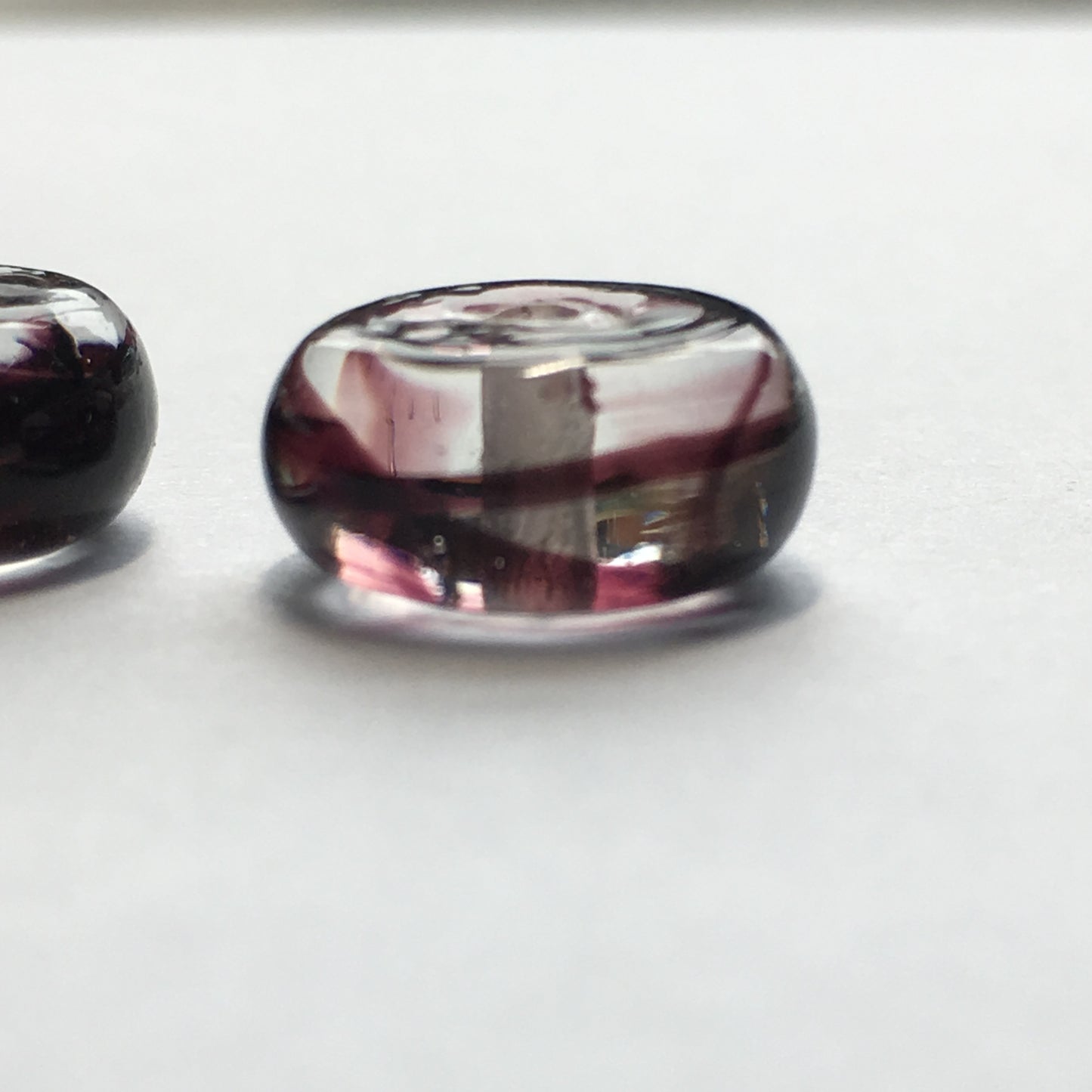 Clear Glass with Dark Purple Swirl Saucer Lampwork Beads , 14 x 7 mm - 3 Beads
