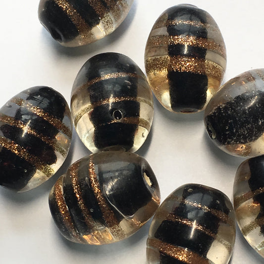 Clear Black Lined Lampwork Glass Oval Beads w/ Copper Foil Swirls, 12-14 x 10-11 mm, 15 Beads