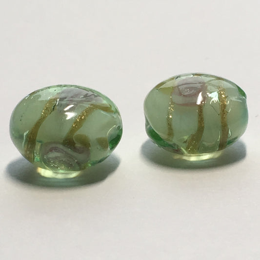 Transparent Green Lampwork Glass Coin Beads with Roses, 12 mm, 8 mm Thick, 2 Beads