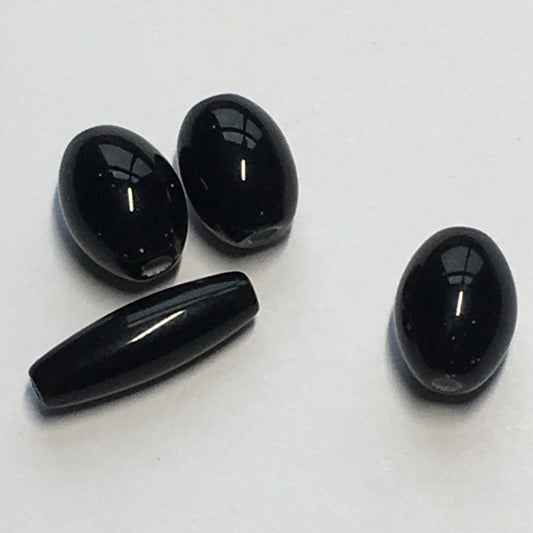 Opaque Black Oval and Tube Glass Lampwork Beads, 16 x 5 mm & 11 x 8 mm, 4 Beads