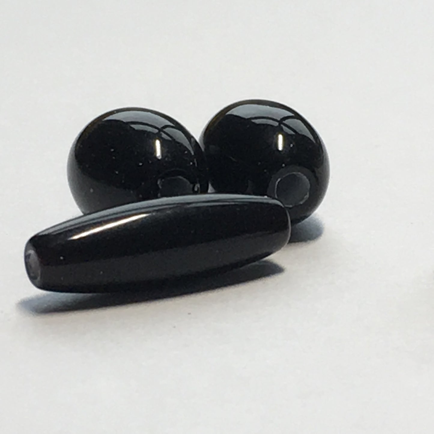 Opaque Black Oval and Tube Glass Lampwork Beads, 16 x 5 mm & 11 x 8 mm, 4 Beads