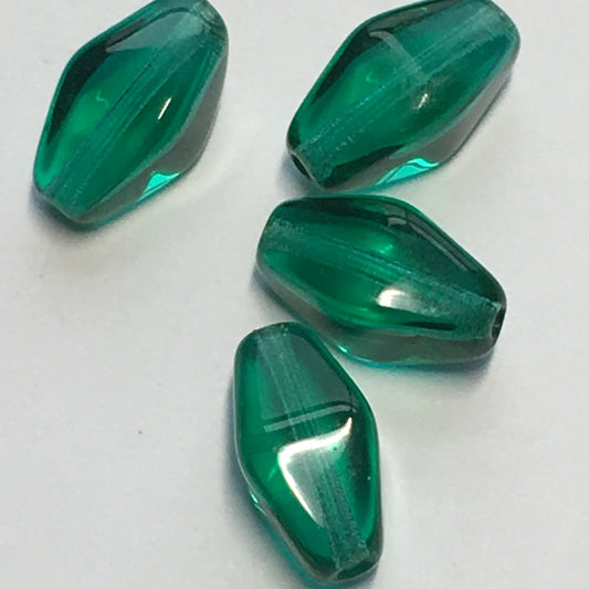 Transparent Green Long Bicone Glass Beads, 11 x 6 mm, 4 Beads
