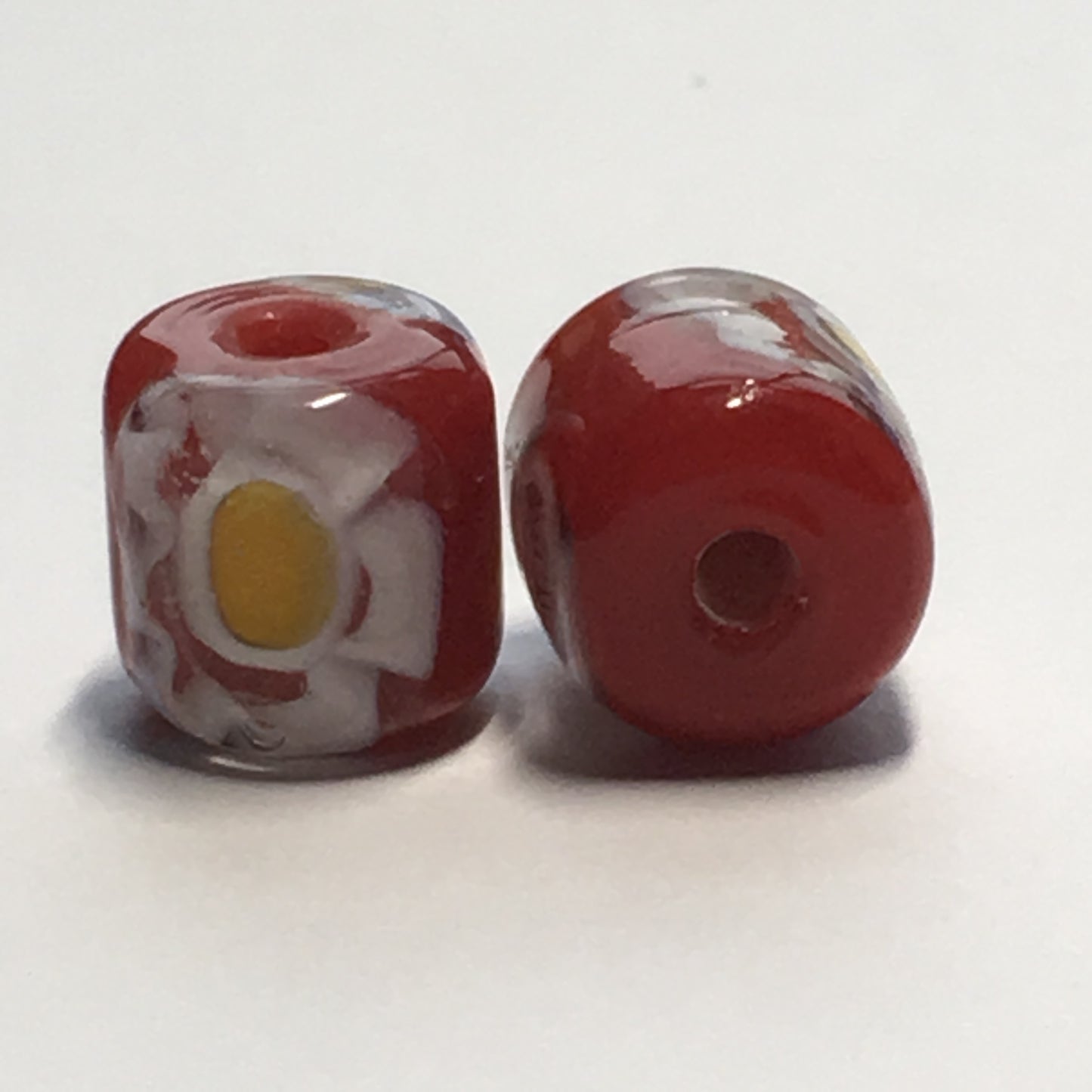 Opaque Red Glass with Yellow Flower Lampwork Glass Barrel Beads, 10 mm x 10 mm, 2 Beads