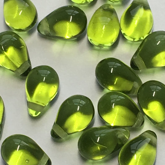 Transparent Green Glass Teardrop Beads, 6 x 9 mm, 21 Beads