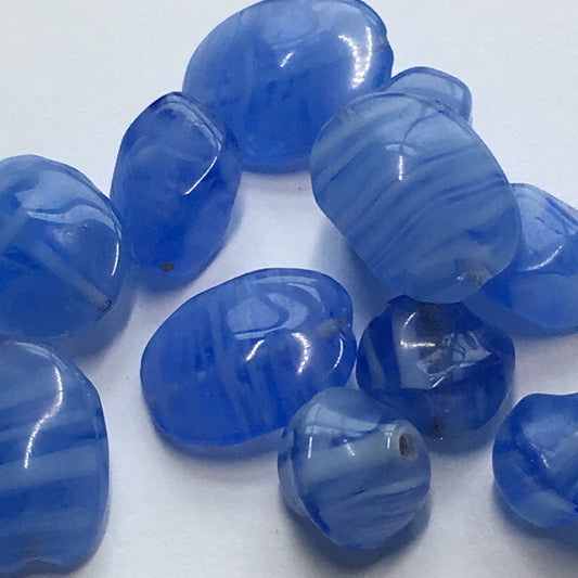 Blue and White Swirl Glass Beads, Twisted Bicones, Flat Ovals, Twisted Barrels, 9, 12 and 15 mm - 11 Beads