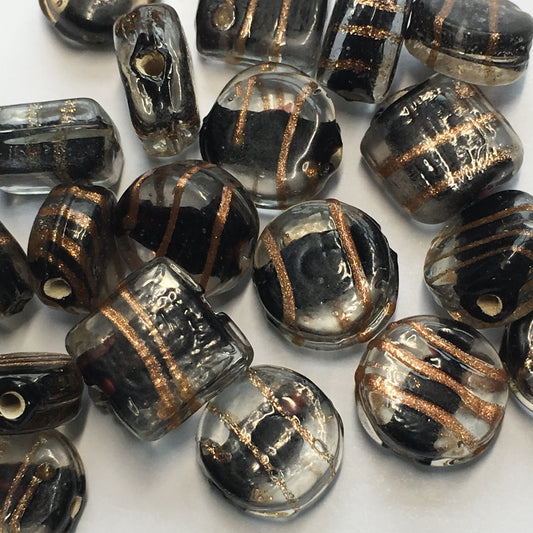 Clear Black Lined Lampwork Glass Coin and Flat Square Beads With Copper Foil Swirls, 12, 10 and 11 mm - 23 Beads