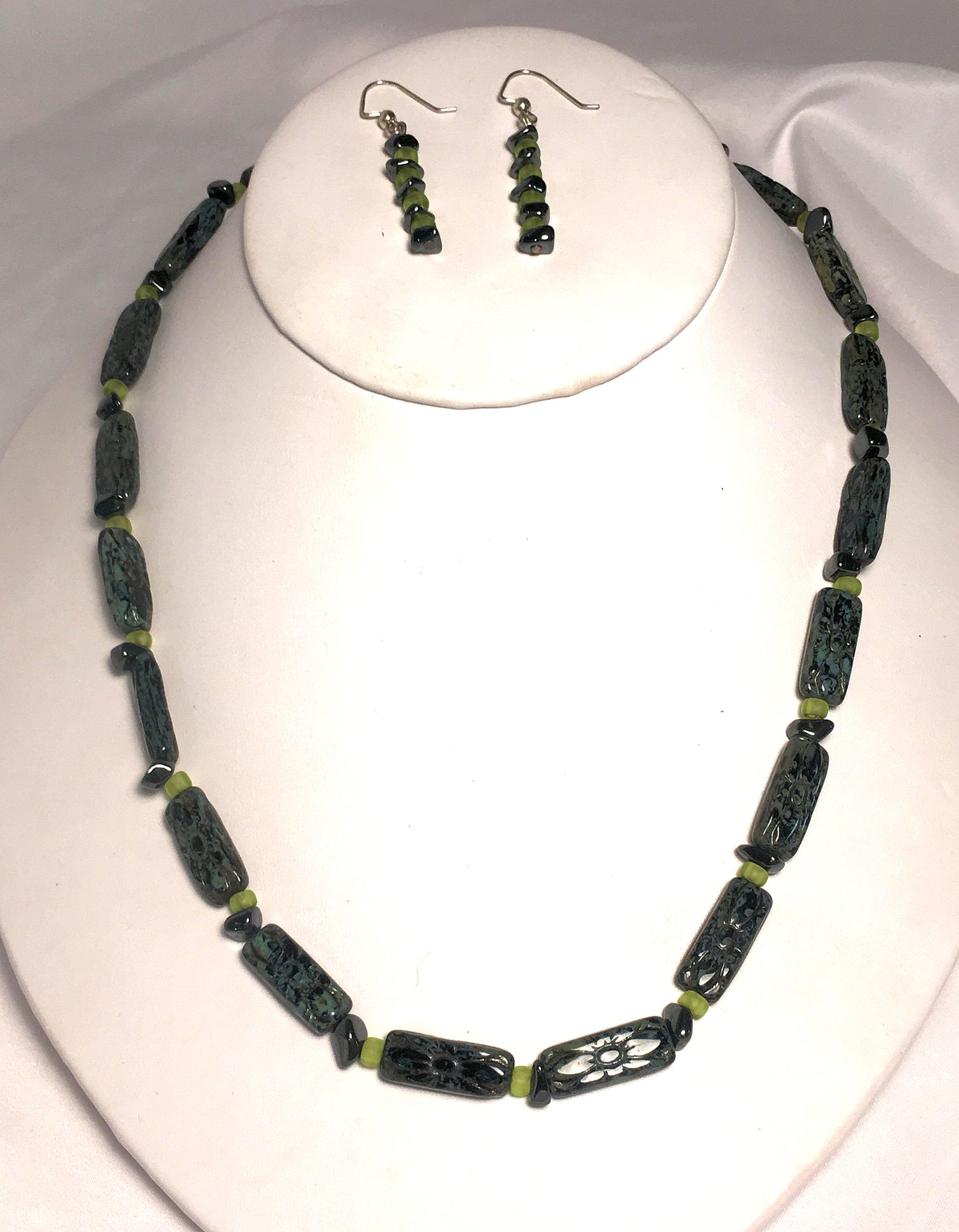 Czech Black/Green Pressed Flower Beads and Hematite Chip Necklace and Earring Set
