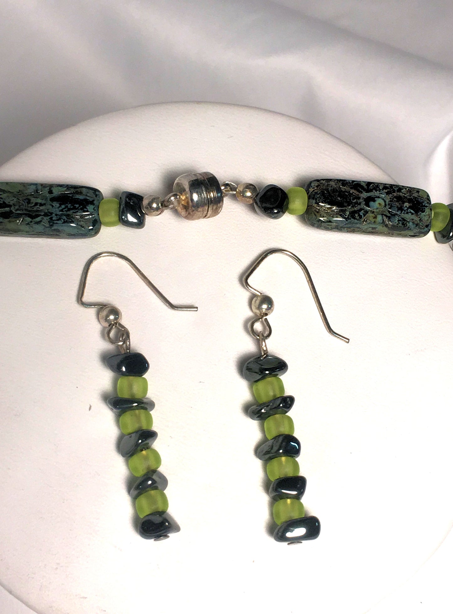 Czech Black/Green Pressed Flower Beads and Hematite Chip Necklace and Earring Set