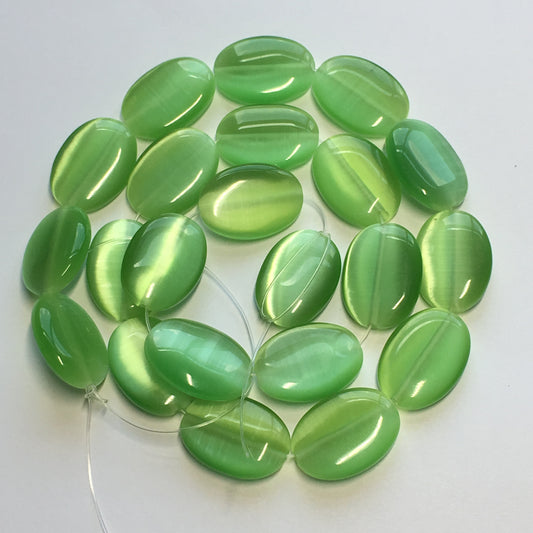 Green Cat's Eye Glass Oval Flat Beads, 18 x 13 mm, 22 Beads