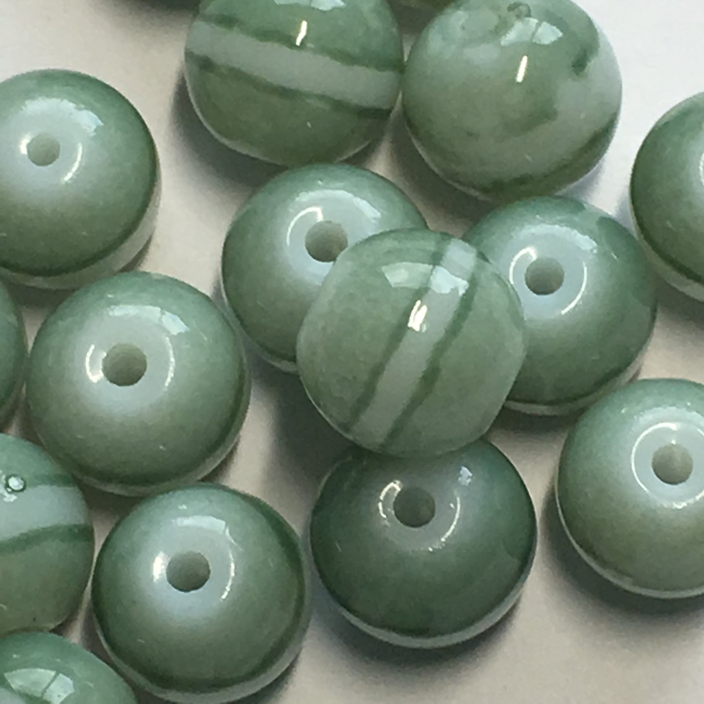 Green and White Striped Glass Round Beads, 8 mm, 15 or 20 Beads