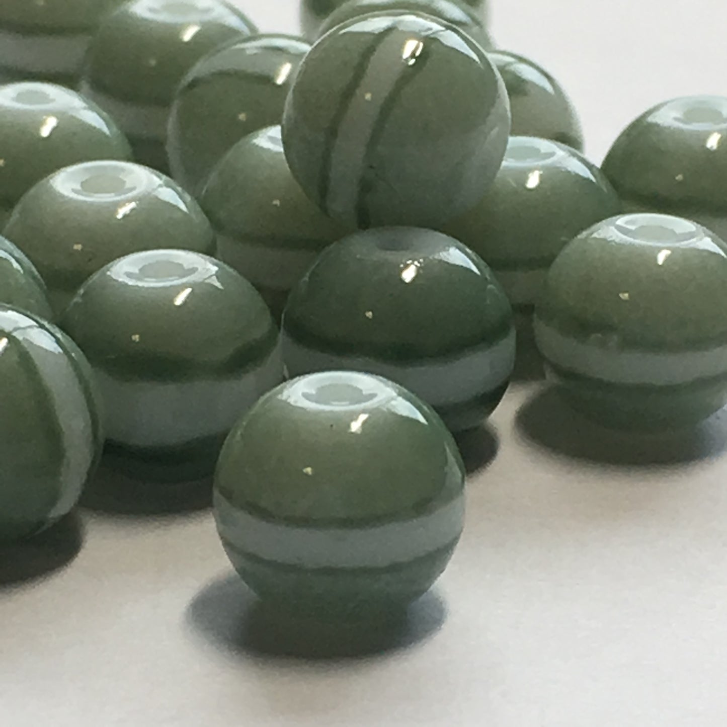 Green and White Striped Glass Round Beads, 8 mm, 15 or 20 Beads