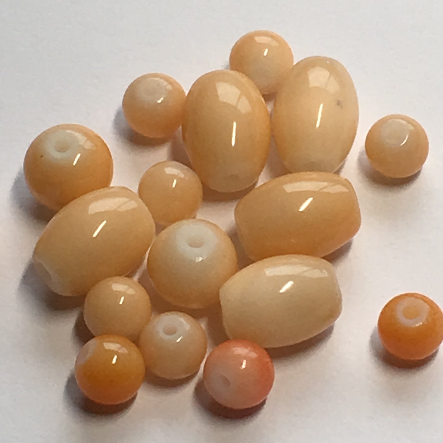 Light Orange Painted Glass Barrel and Round Beads, 11 x 8 mm Barrel, 6 & 8 mm Round, 17 Beads