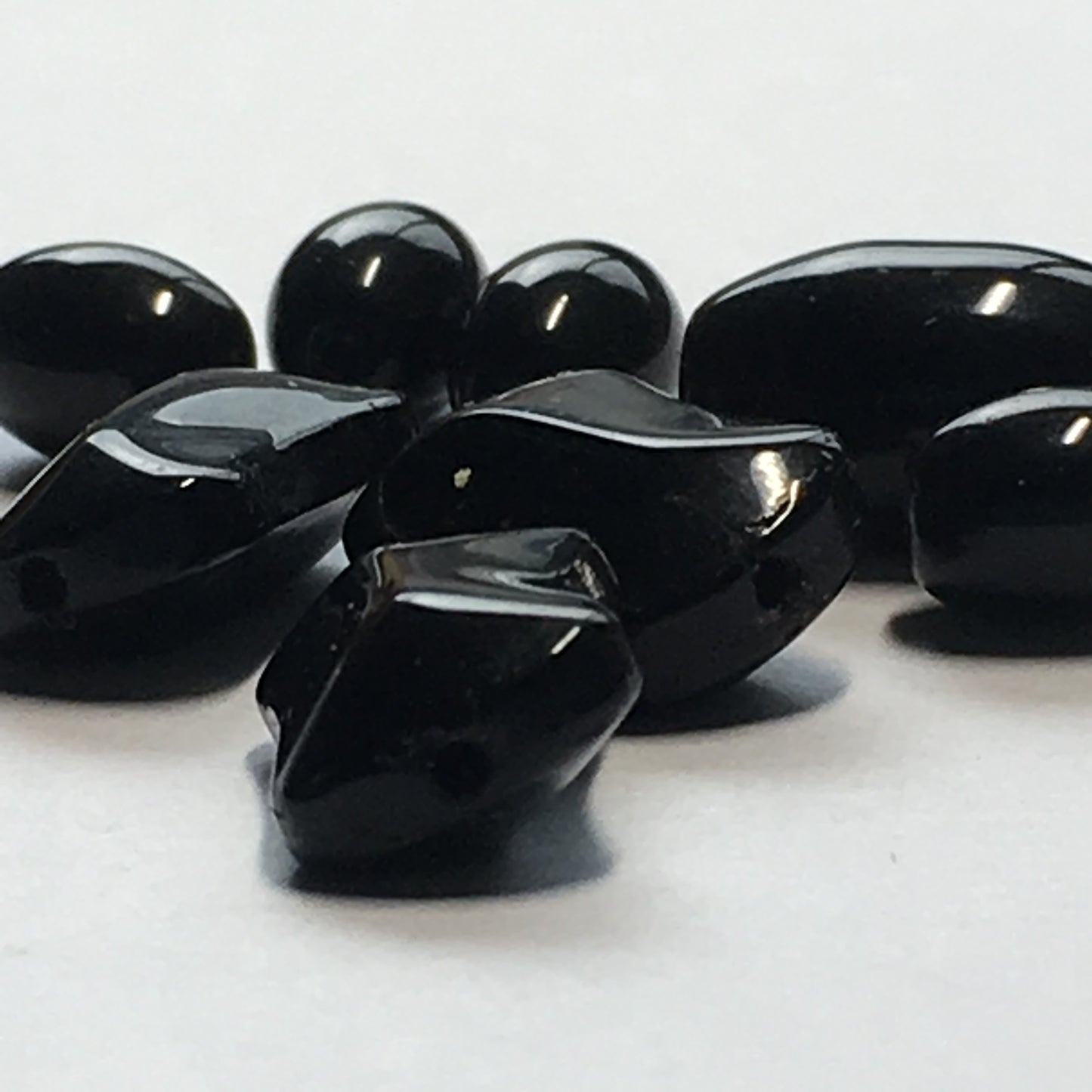 Opaque Black Glass, Oval and Pinched Rectangle Beads, 13 x 8, 8 x 6 and 14 x 9 x 6 mm, 8 Beads