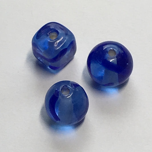 Transparent Blue with Blue Swirl Lampwork Glass Round and Cube / Square Beads, 9 and 7 mm - 3 Beads