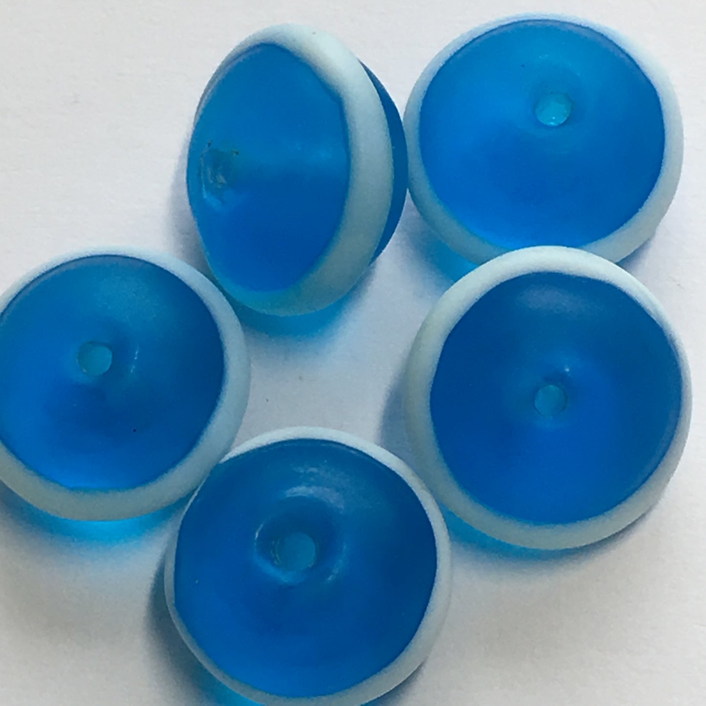 Blue Frosted Glass Lampwork Saucer Beads with White Swirl Band, 16 x 11 mm -  5 Beads