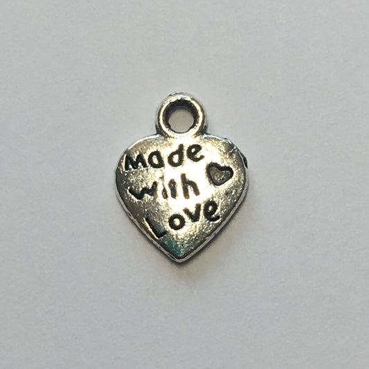 Antique Silver "Made with Love" Heart Charm, 12 x 9 mm