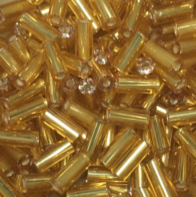 Transparent Gold Silver Lined Glass Bugle Beads, 5 mm, 5 or 10 gm