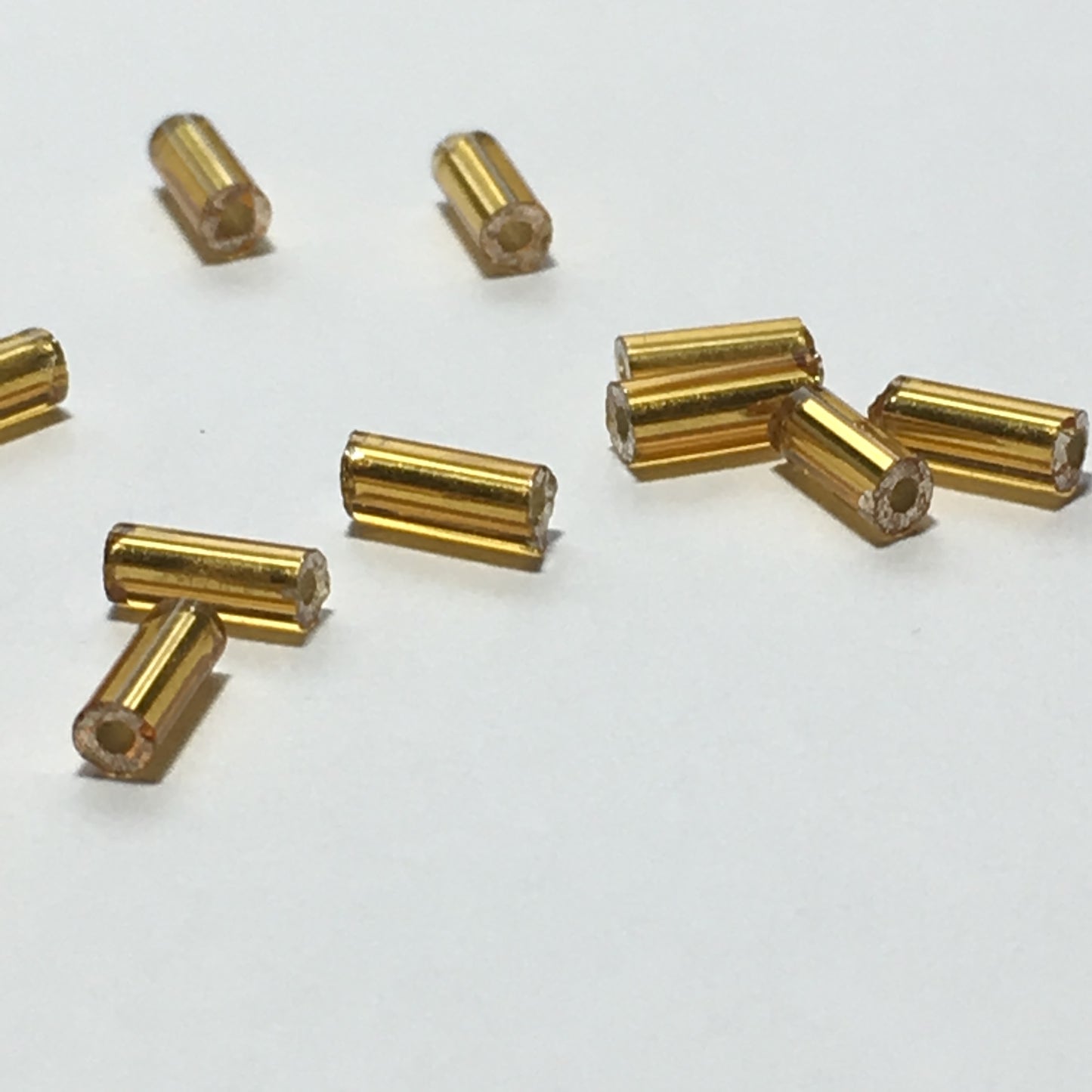 Transparent Gold Silver Lined Glass Bugle Beads, 5 mm, 5 or 10 gm