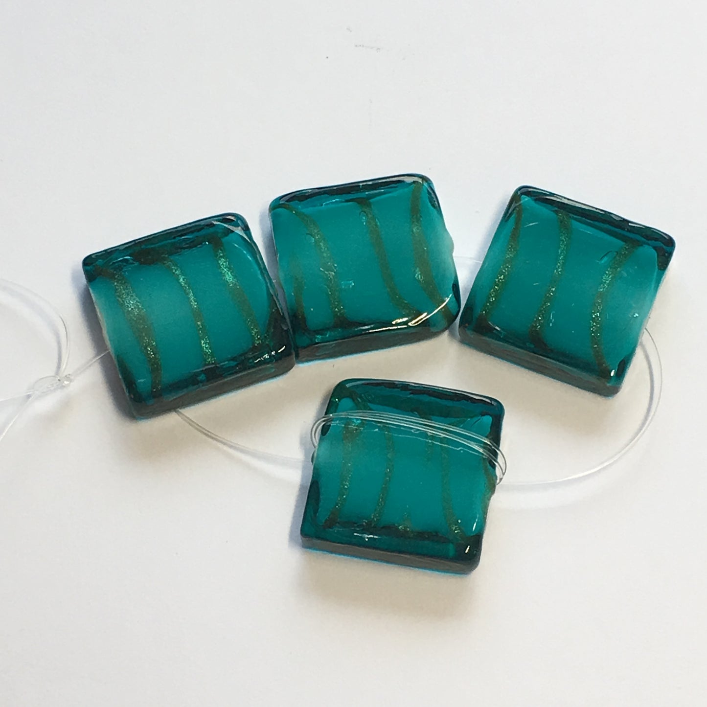 Transparent Turquoise With White Core/Gold Stripes Lampwork Glass Pressed Flat Square Beads, 20 mm - 4 Beads