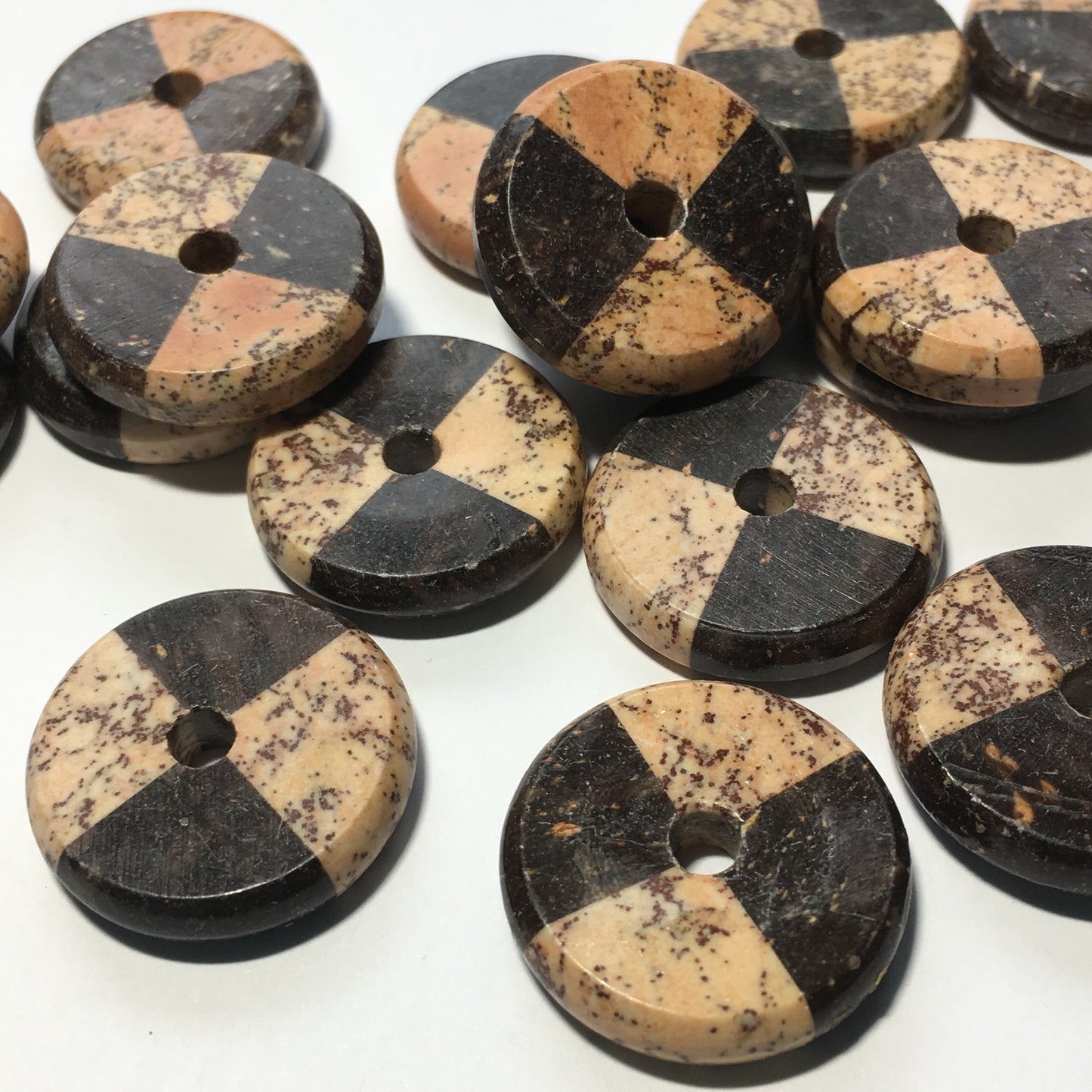 Geometric Black and Tan Natural Stone Round Disc Beads 23 mm, 6 mm Thick 19 Beads