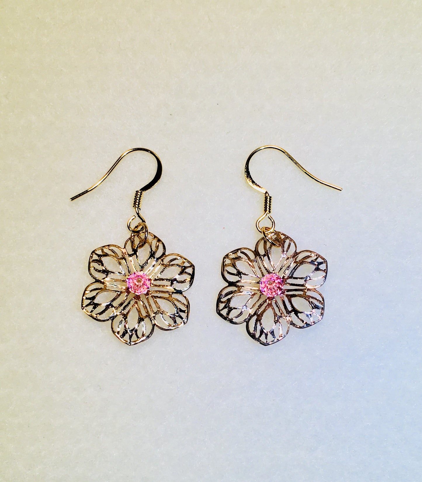 14K Gold Plated Filigree Flower Earrings with Pink or Blue Swarovski Crystals, 38L x 21W mm